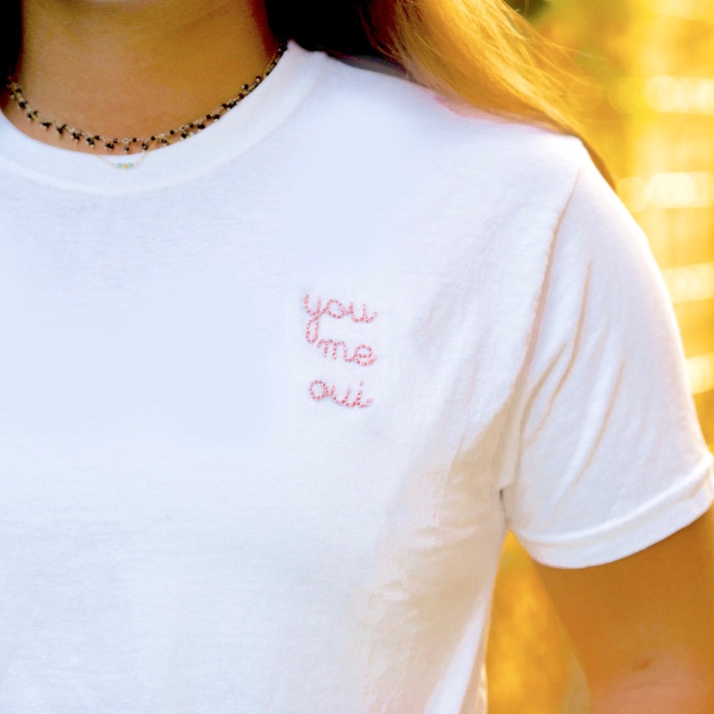 Embroidered Pink “YOU ME OUI” Handmade Tee - Picture 3 of 5